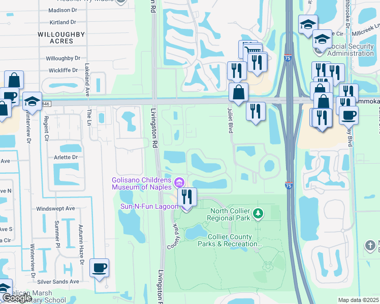 map of restaurants, bars, coffee shops, grocery stores, and more near 4985 Sandra Bay Drive in Naples