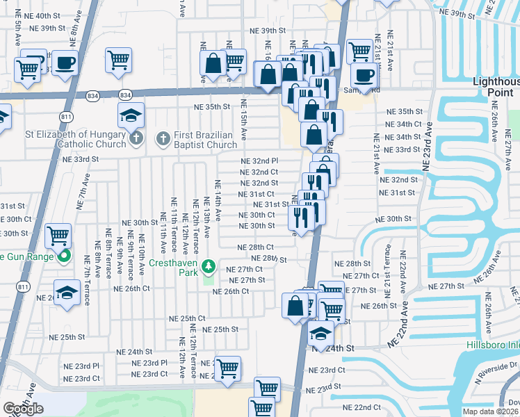 map of restaurants, bars, coffee shops, grocery stores, and more near 1584 Northeast 31st Court in Pompano Beach