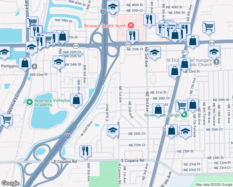 map of restaurants, bars, coffee shops, grocery stores, and more near 110 Northwest 31st Court in Pompano Beach