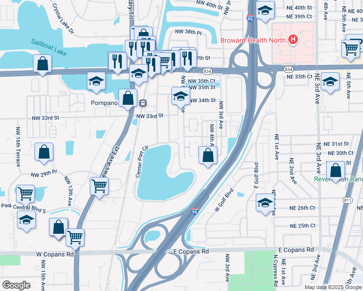 map of restaurants, bars, coffee shops, grocery stores, and more near 3103 Northwest 5th Terrace in Pompano Beach