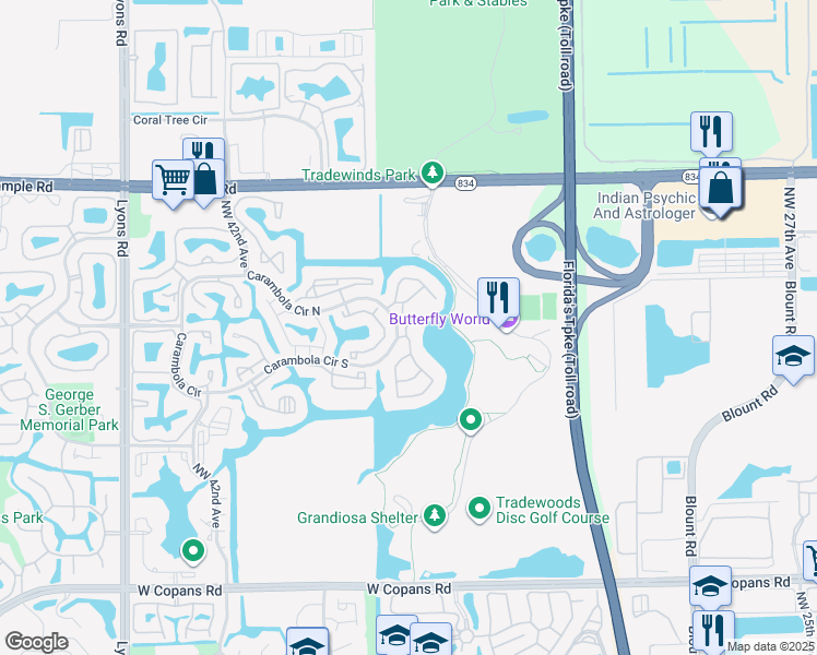 map of restaurants, bars, coffee shops, grocery stores, and more near 2597 Carambola Circle North in Coconut Creek