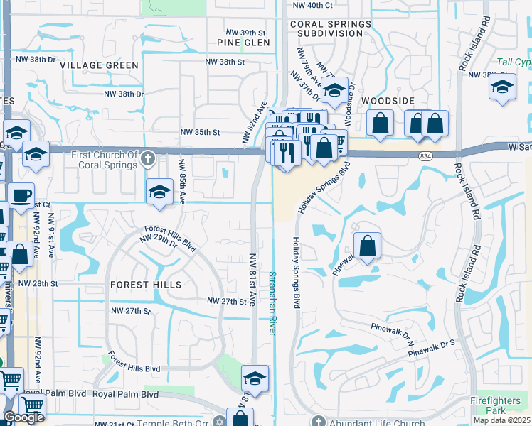 map of restaurants, bars, coffee shops, grocery stores, and more near 3301 Riverside Drive in Coral Springs