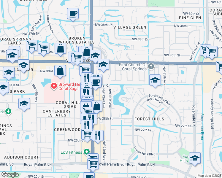 map of restaurants, bars, coffee shops, grocery stores, and more near 3033 Coral Falls in Coral Springs