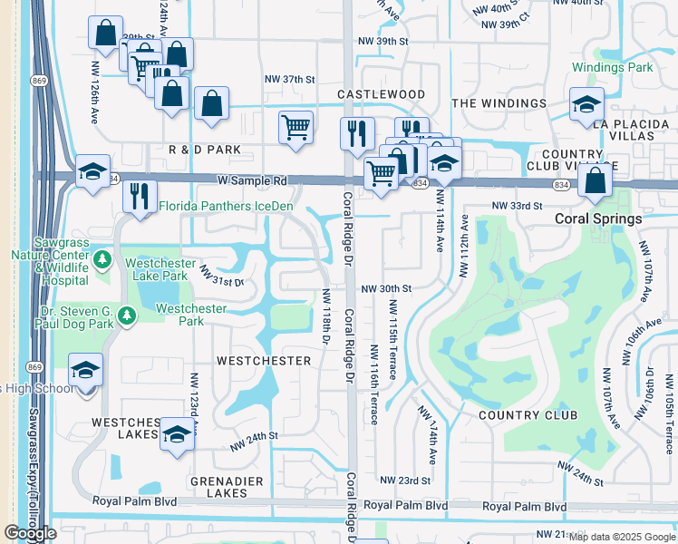 map of restaurants, bars, coffee shops, grocery stores, and more near 3110 Coral Ridge Drive in Coral Springs