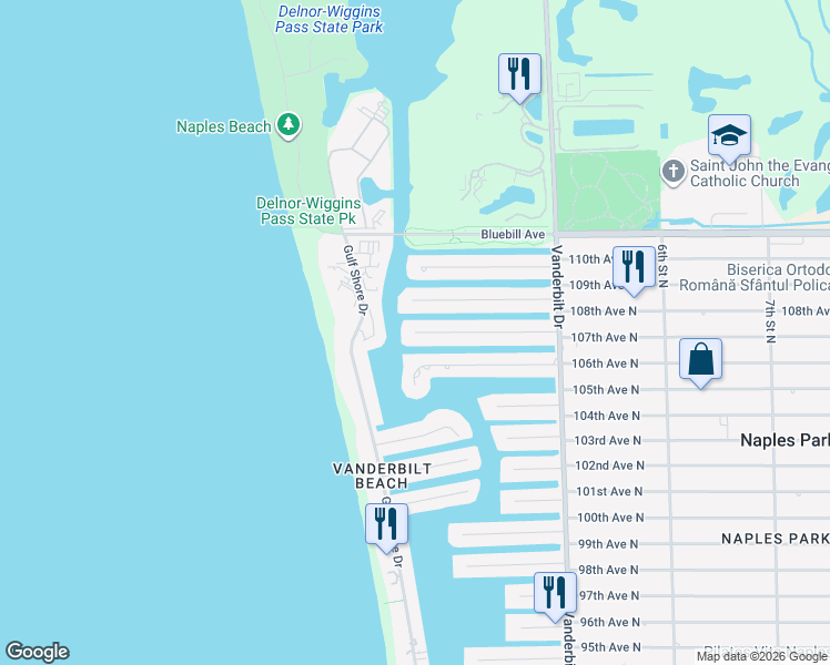 map of restaurants, bars, coffee shops, grocery stores, and more near 128 Heron Avenue in Naples