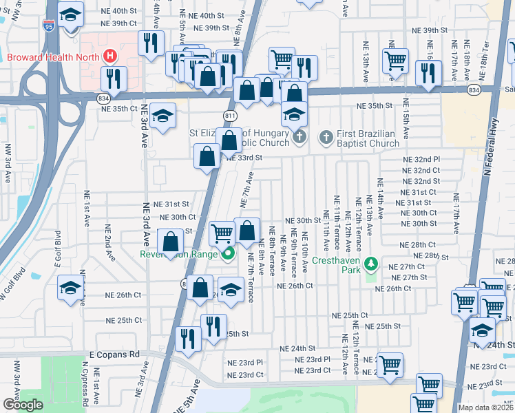 map of restaurants, bars, coffee shops, grocery stores, and more near 3100 Northeast 8th Avenue in Pompano Beach