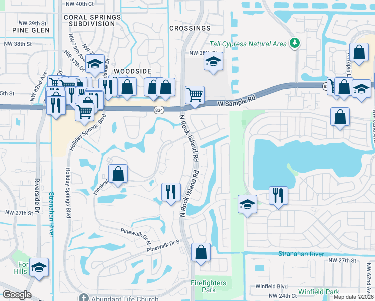 map of restaurants, bars, coffee shops, grocery stores, and more near 7181 Northwest 32nd Street in Margate