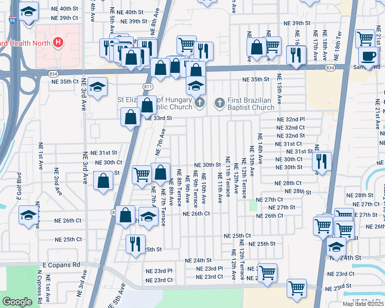 map of restaurants, bars, coffee shops, grocery stores, and more near 3031 Northeast 9th Terrace in Pompano Beach