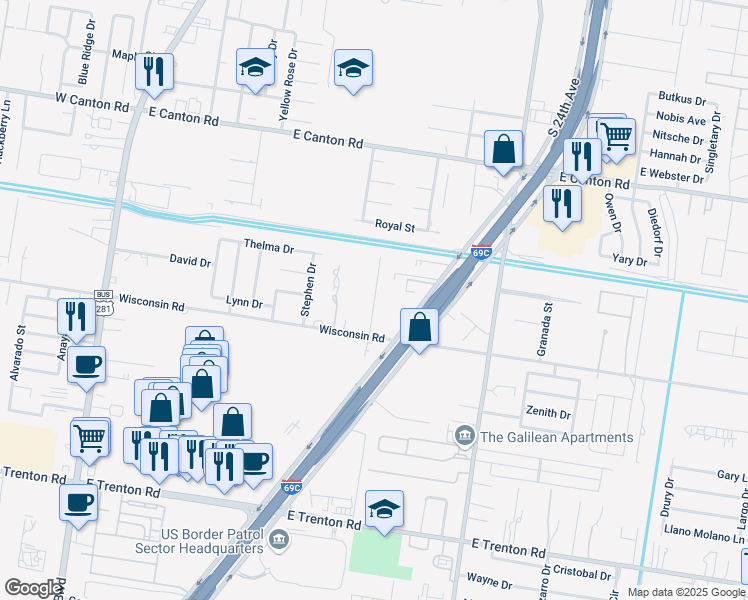 map of restaurants, bars, coffee shops, grocery stores, and more near 805 East Wisconsin Road in Edinburg