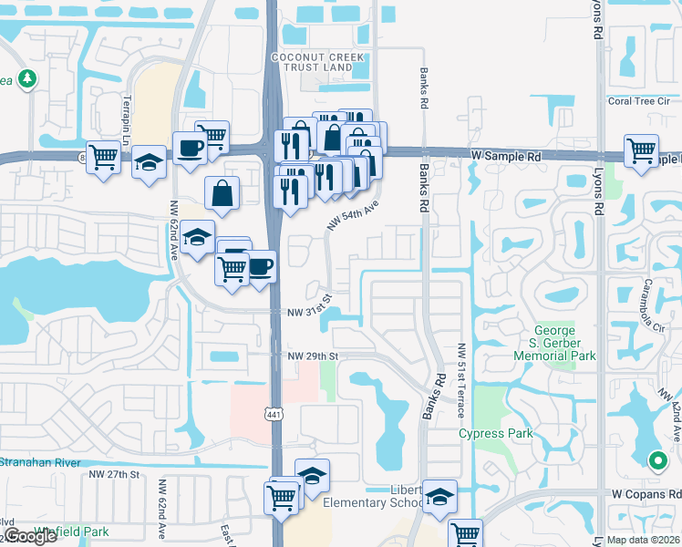 map of restaurants, bars, coffee shops, grocery stores, and more near 5541 Parade Place in Margate