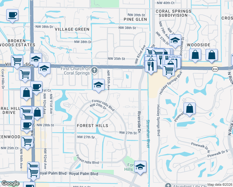 map of restaurants, bars, coffee shops, grocery stores, and more near 8437 Forest Hills Drive in Coral Springs