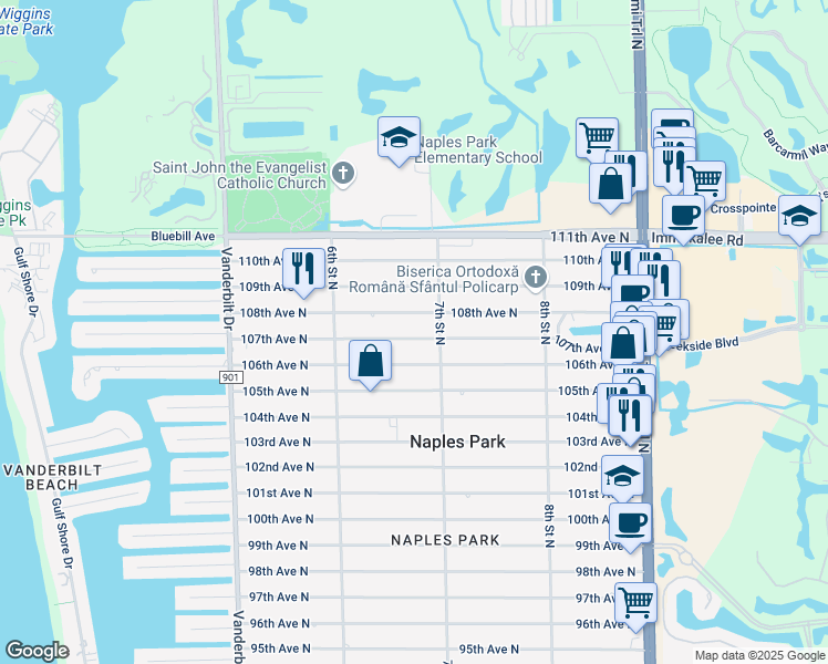 map of restaurants, bars, coffee shops, grocery stores, and more near 677 107th Avenue North in Naples