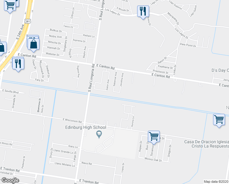 map of restaurants, bars, coffee shops, grocery stores, and more near 2601 Wolverine Street in Edinburg