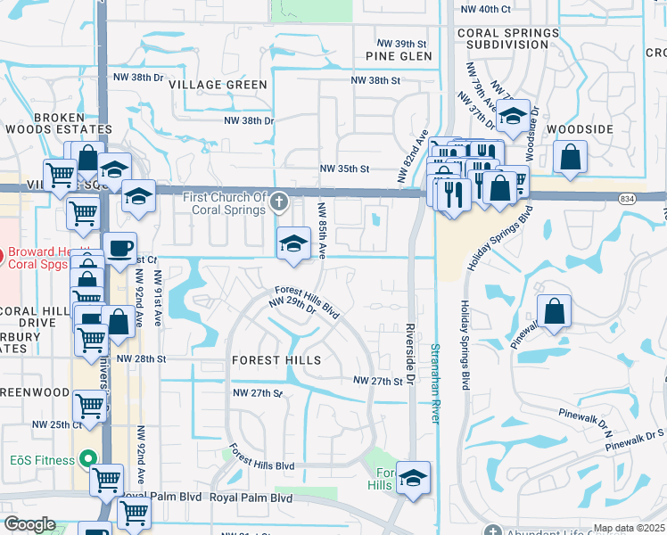 map of restaurants, bars, coffee shops, grocery stores, and more near 3181 Northwest 85th Avenue in Coral Springs