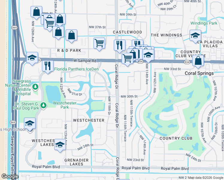 map of restaurants, bars, coffee shops, grocery stores, and more near 3110 Coral Ridge Drive in Coral Springs