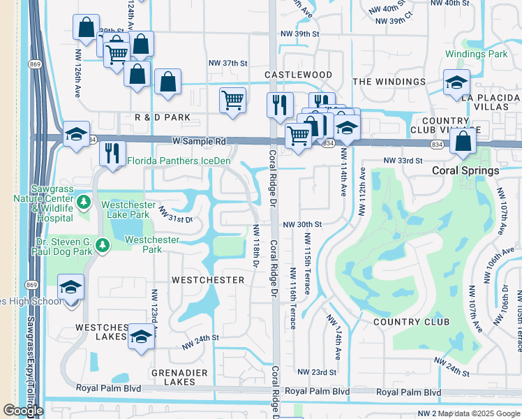 map of restaurants, bars, coffee shops, grocery stores, and more near 3110 Coral Ridge Drive in Coral Springs