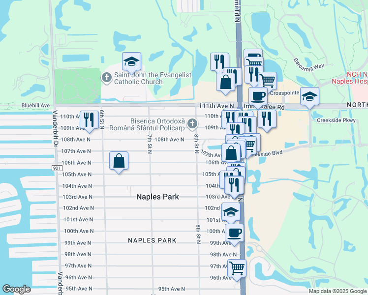 map of restaurants, bars, coffee shops, grocery stores, and more near 760 108th Avenue North in Naples