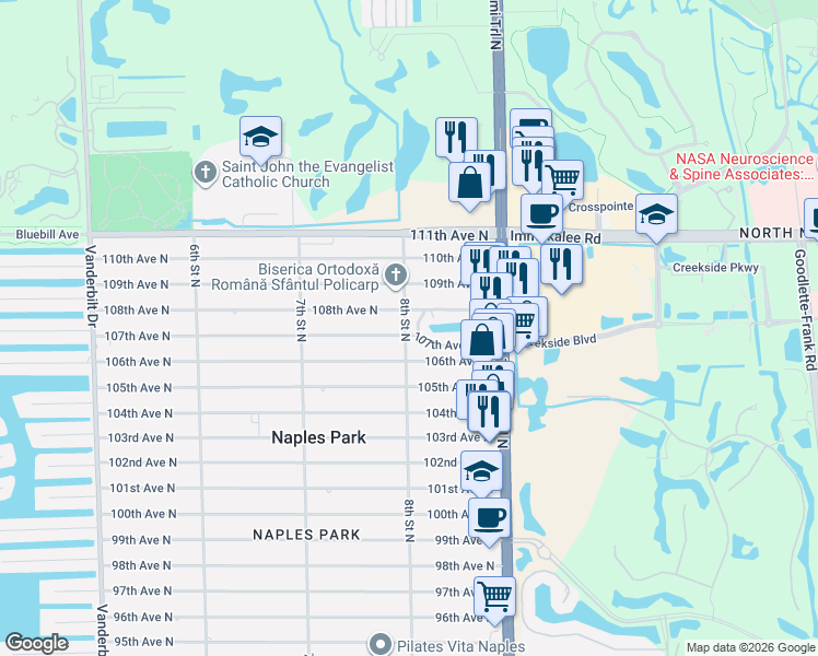map of restaurants, bars, coffee shops, grocery stores, and more near 796 108th Avenue North in Naples