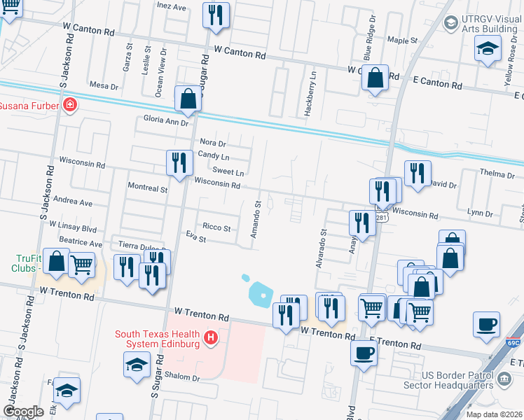 map of restaurants, bars, coffee shops, grocery stores, and more near 3516 Illeana Street in Edinburg