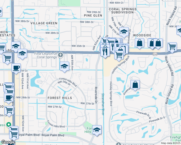 map of restaurants, bars, coffee shops, grocery stores, and more near 3100 Riverside Drive in Coral Springs