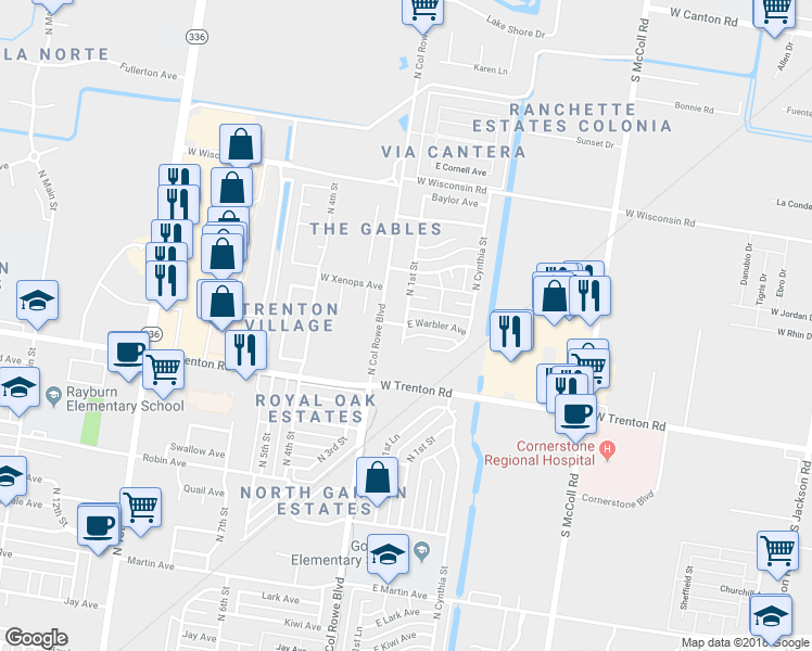 map of restaurants, bars, coffee shops, grocery stores, and more near 7498 North 1st Street in McAllen