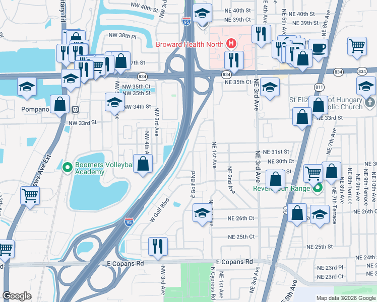 map of restaurants, bars, coffee shops, grocery stores, and more near 3051 Northwest 2nd Avenue in Pompano Beach