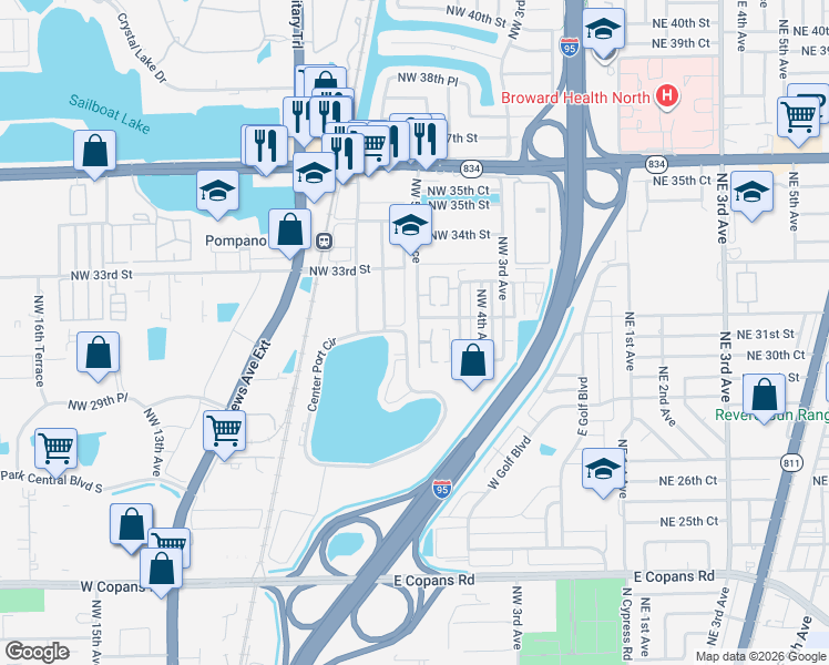 map of restaurants, bars, coffee shops, grocery stores, and more near 3103 Northwest 5th Terrace in Pompano Beach