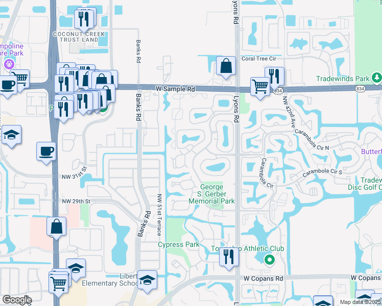 map of restaurants, bars, coffee shops, grocery stores, and more near 3949 Cocoplum Circle in Coconut Creek
