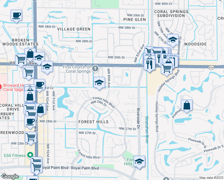 map of restaurants, bars, coffee shops, grocery stores, and more near 3181 Northwest 85th Avenue in Coral Springs