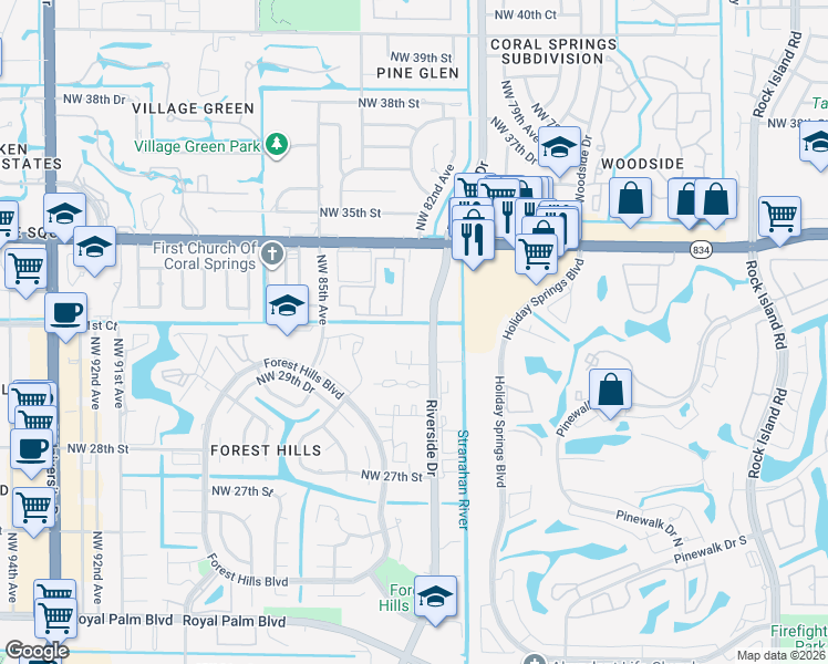 map of restaurants, bars, coffee shops, grocery stores, and more near 3100 Riverside Drive in Coral Springs
