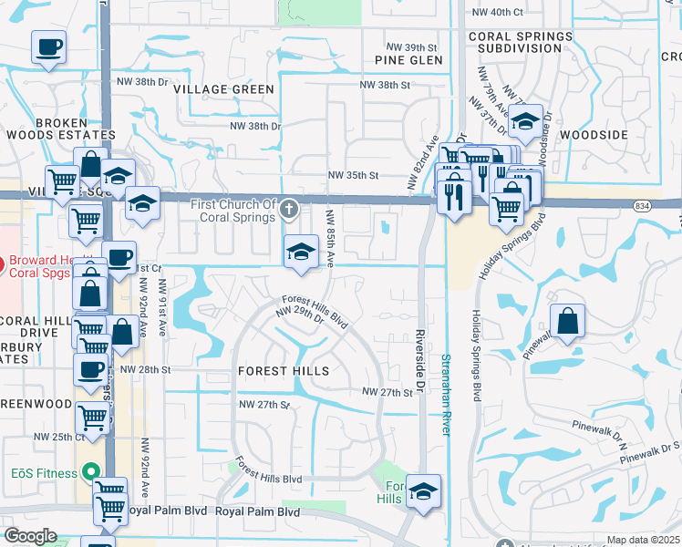map of restaurants, bars, coffee shops, grocery stores, and more near 3181 Northwest 85th Avenue in Coral Springs