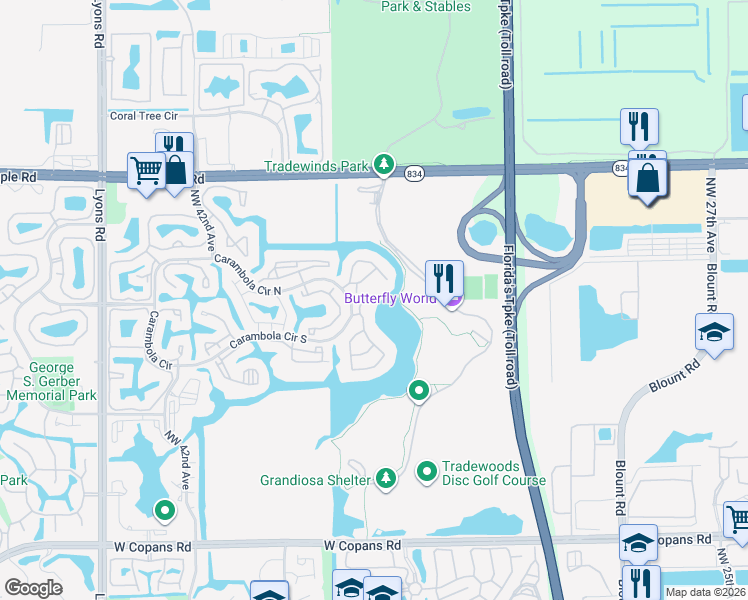 map of restaurants, bars, coffee shops, grocery stores, and more near 2597 Carambola Circle North in Coconut Creek
