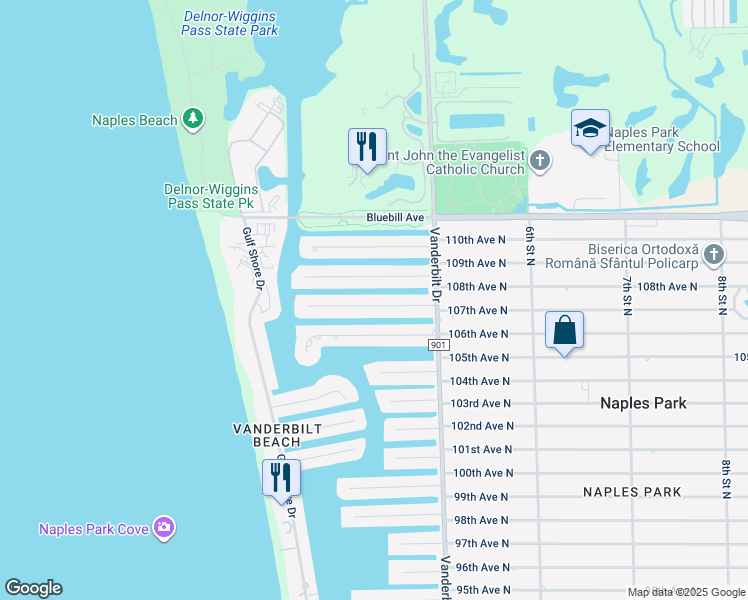 map of restaurants, bars, coffee shops, grocery stores, and more near 325 Egret Avenue in Naples