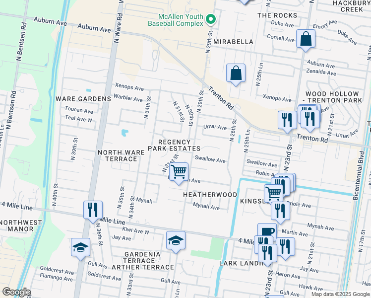 map of restaurants, bars, coffee shops, grocery stores, and more near 3025 Thunderbird Avenue in McAllen