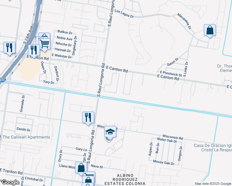 map of restaurants, bars, coffee shops, grocery stores, and more near Wolverine Street in Edinburg