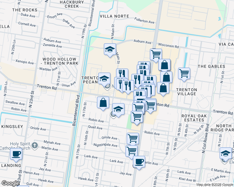 map of restaurants, bars, coffee shops, grocery stores, and more near 1316 Trenton Road in McAllen