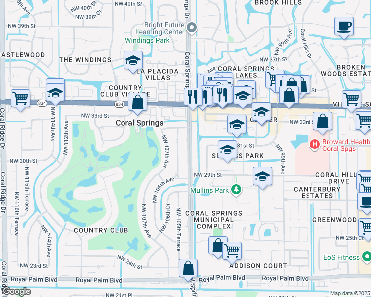 map of restaurants, bars, coffee shops, grocery stores, and more near 3100 Coral Springs Drive in Coral Springs
