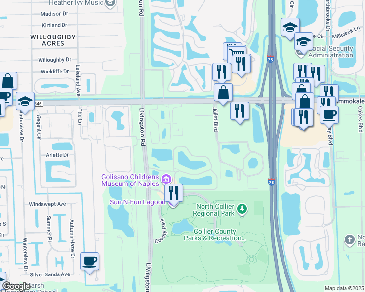 map of restaurants, bars, coffee shops, grocery stores, and more near 15093 Pocket Lake Drive in Naples