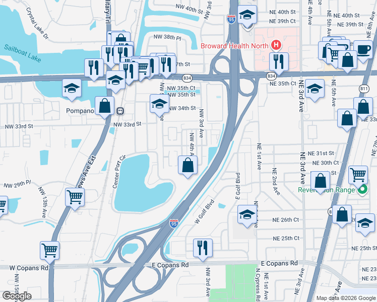 map of restaurants, bars, coffee shops, grocery stores, and more near 3102 Northwest 4th Avenue in Pompano Beach