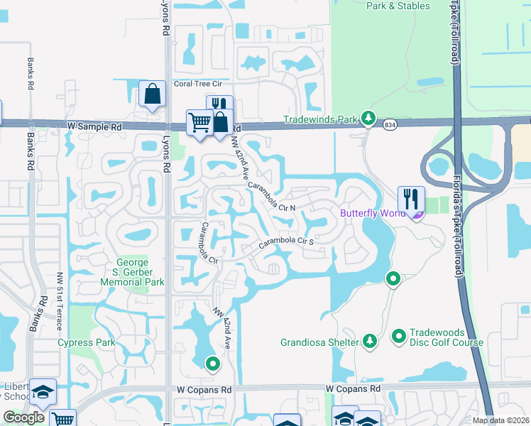 map of restaurants, bars, coffee shops, grocery stores, and more near 4521 Carambola Circle South in Coconut Creek