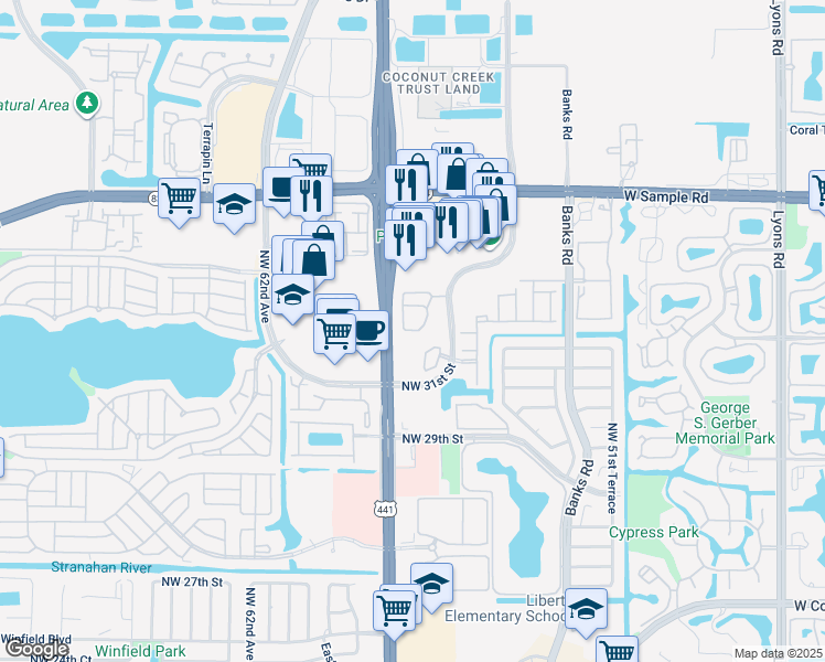 map of restaurants, bars, coffee shops, grocery stores, and more near 3409 Merrick Court in Margate