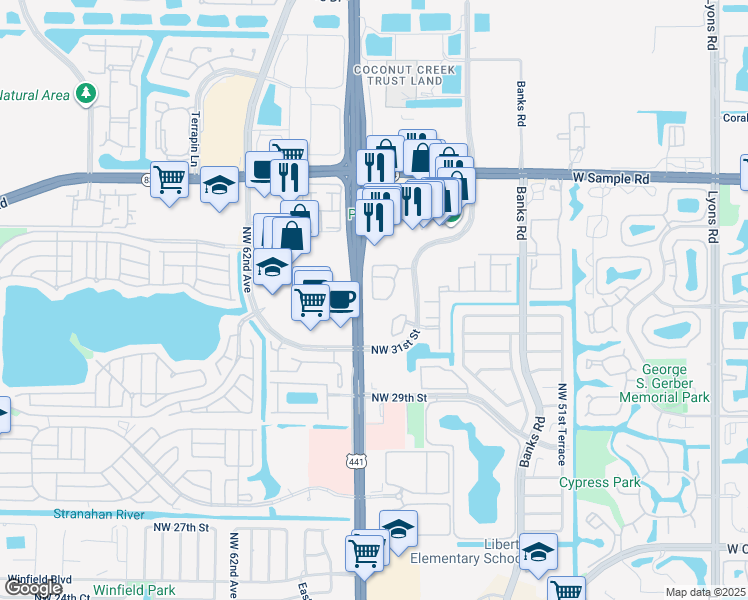 map of restaurants, bars, coffee shops, grocery stores, and more near 3409 Merrick Court in Margate