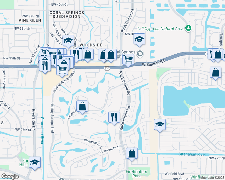 map of restaurants, bars, coffee shops, grocery stores, and more near 3455 Pinewalk Drive North in Margate