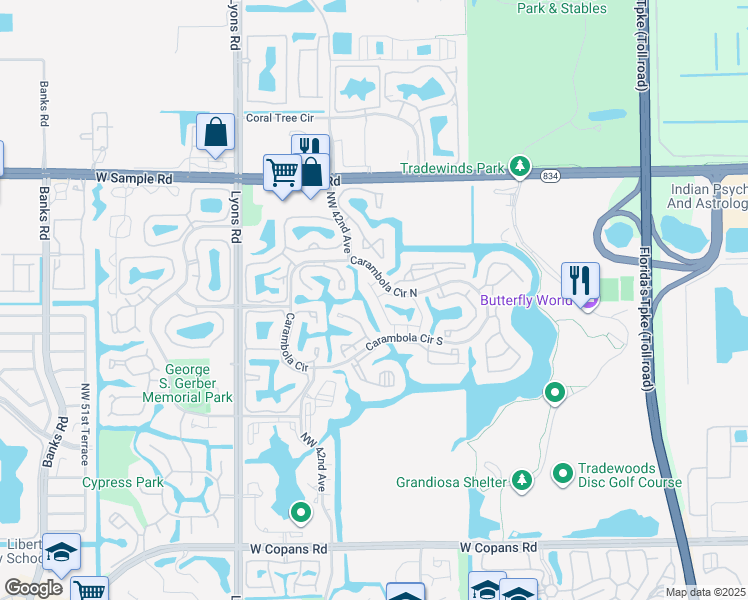 map of restaurants, bars, coffee shops, grocery stores, and more near 4521 Carambola Circle South in Coconut Creek