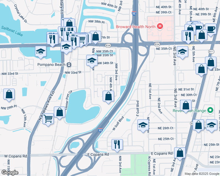 map of restaurants, bars, coffee shops, grocery stores, and more near 3102 Northwest 4th Avenue in Pompano Beach