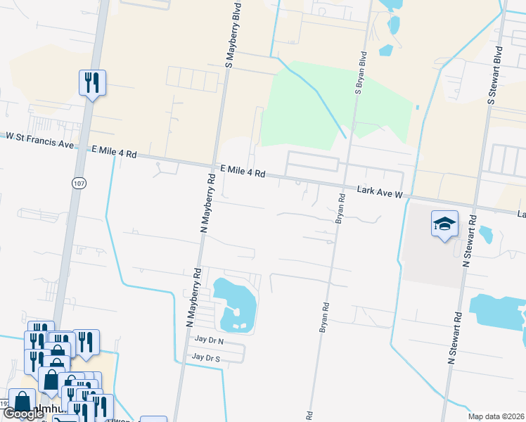 map of restaurants, bars, coffee shops, grocery stores, and more near 5184 North Mayberry Road in Palmhurst