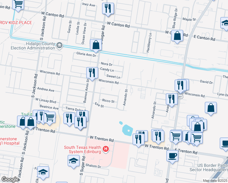 map of restaurants, bars, coffee shops, grocery stores, and more near 3508 Samgar Street in Edinburg