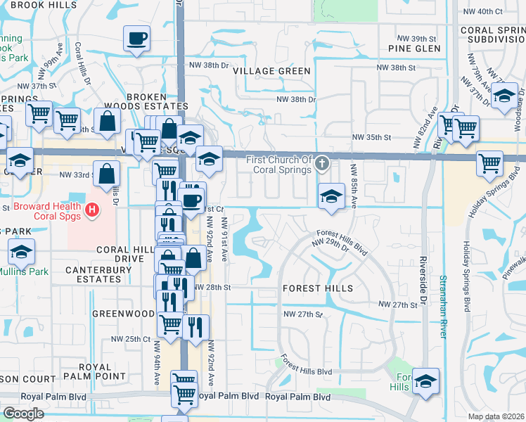 map of restaurants, bars, coffee shops, grocery stores, and more near 8919 Northwest 28th Drive in Coral Springs