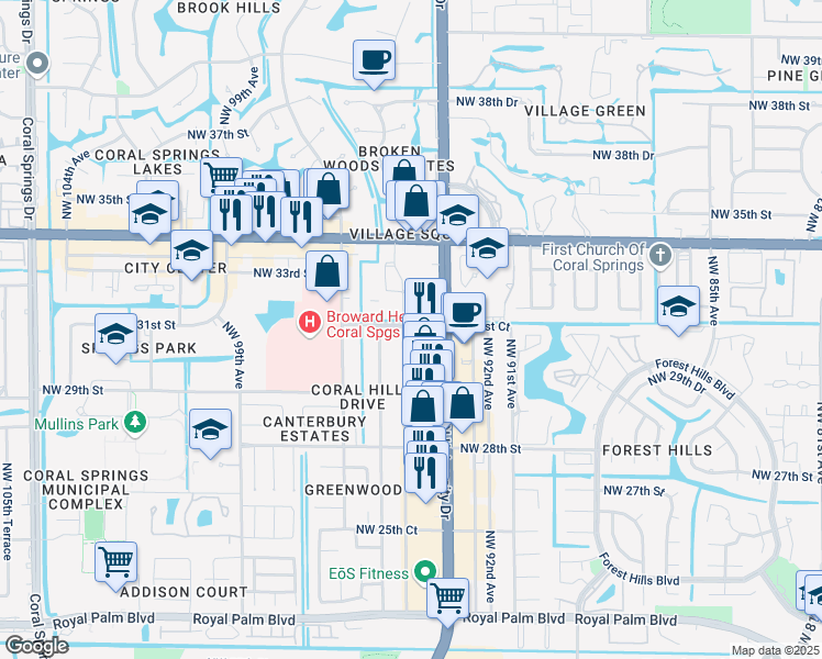 map of restaurants, bars, coffee shops, grocery stores, and more near 3135 Northwest 94th Avenue in Coral Springs