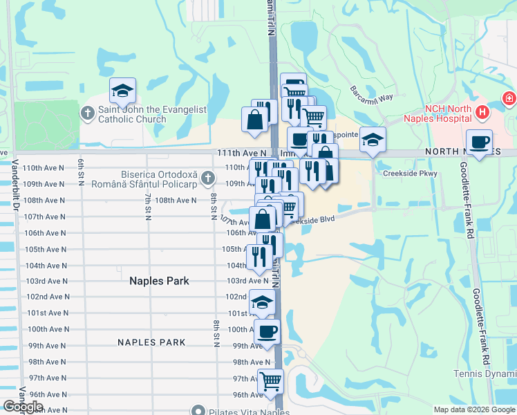 map of restaurants, bars, coffee shops, grocery stores, and more near 870 8th Court East in Naples